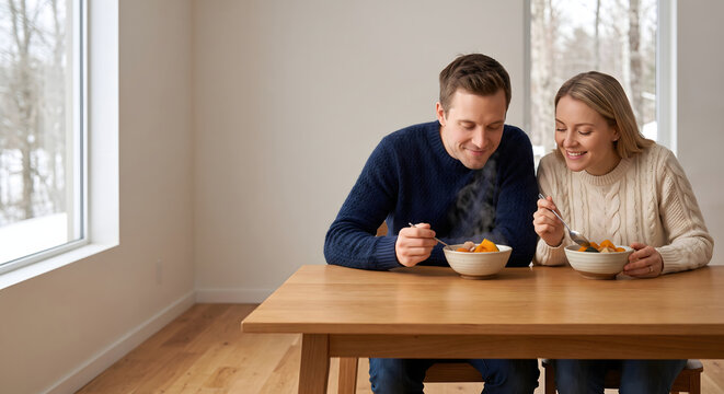 Caucasian couple enjoying warm simmered pumpkin dish in a cozy dining room