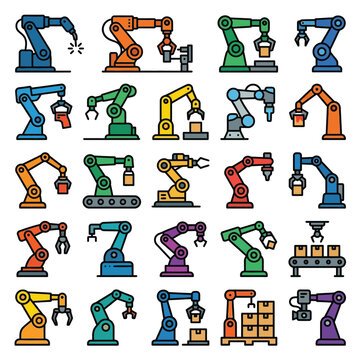 industrial robot arm icon set depicting smart factory automation modern manufacturing and assembly line technology