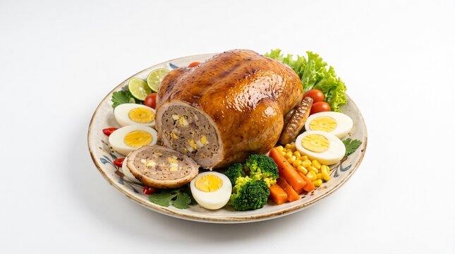 Indonesian Stuffed Roasted Chicken Ayam Kodok for Christmas Feast on Flat White Background