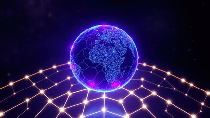 Obraz premium Polygonal globe rests upon network. Bright neon colors dominate dark background. Futuristic digital world concept.