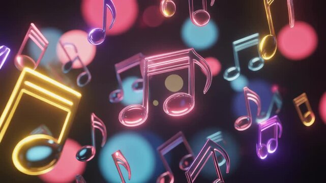 Vibrant animated world with glowing musical notes dancing through colorful lights and lively atmosphere