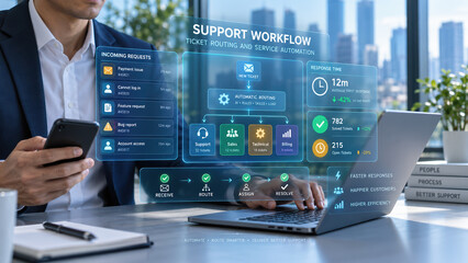 Obraz premium Customer support workflow automation interface on laptop screen displaying AI ticket routing service desk metrics and digital help desk solutions for improved efficiency business operations and