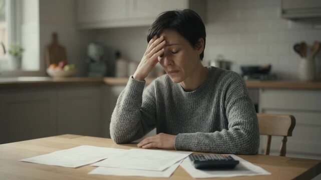 Person Sitting at Table Analyzing Paperwork in Simple Kitchen Setting