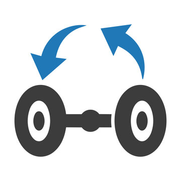 Wheel alignment icon with two tires and rotating arrows symbolizing maintenance and vehicle service, automotive maintenance concept