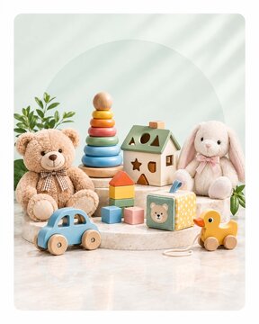 Assorted wooden educational toys and plush animals on a white display stand