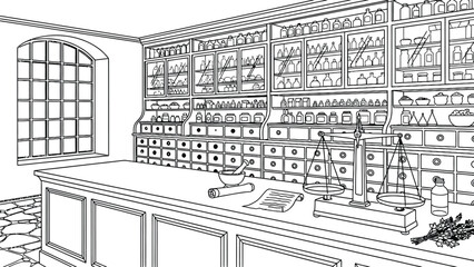 Fototapeta premium Vintage pharmacy interior sketch with medicinal glass jars shelves pharmacy scales pestle mortar ingredients counter antique shop apothecary line art design.
