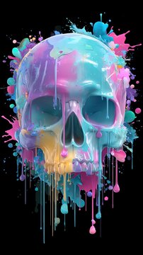 melting neon skull surrounded by electric blue and ultraviolet splashes, dynamic flow and fluidic shape, hyper-detailed surreal illustration