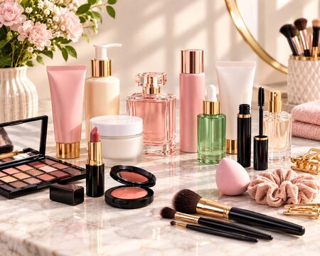 Assorted skincare and makeup products arranged on a marble vanity table