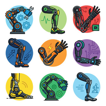 mechanical limb set icons futuristic robotic arms and bionic legs vector illustration