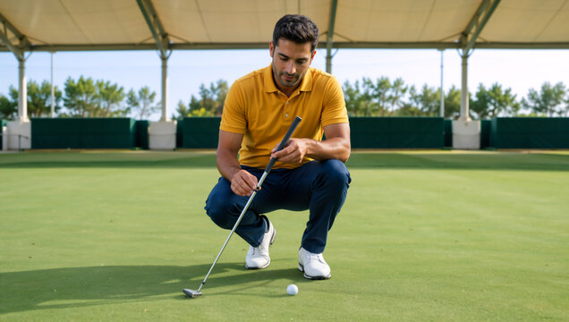 Male golfer crouching on the putting green. Man in yellow polo shirt analyzing his putt on a golf course