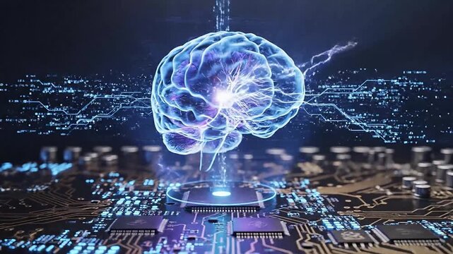 Glowing digital human brain hologram hovering above a computer circuit board in a dark environment