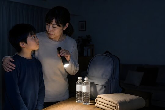 停電した室内で懐中電灯を使う親子
