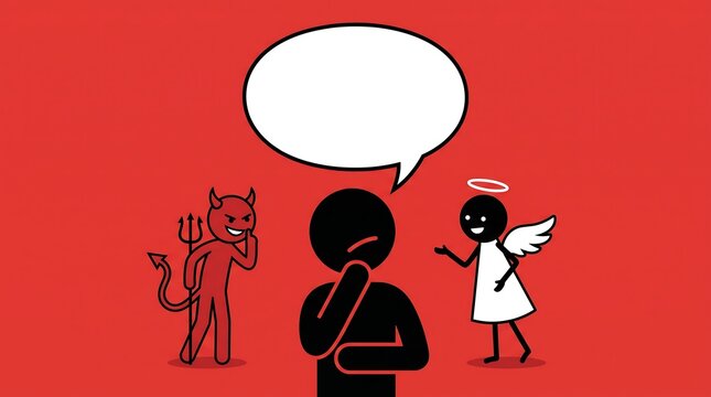 Moral dilemma concept with angel and devil on shoulders, man making a difficult choice, good vs evil decision making illustration on red background