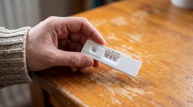 Positive rapid antigen test held by hand, medical diagnostic lateral flow device with two red lines, covid-19 self testing kit on wooden table