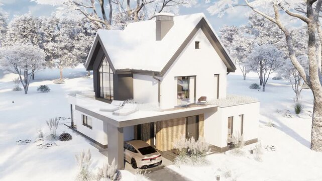 4K orbit shot of a modern suburban house in winter. The contemporary white home features a dark pitched roof, wooden deck, swimming pool, and snowy landscape under a sunny blue sky.