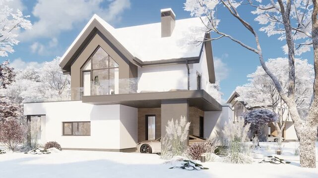 4K orbit shot of a modern suburban house in winter. The contemporary white home features a dark pitched roof, wooden deck, swimming pool, and snowy landscape under a sunny blue sky.
