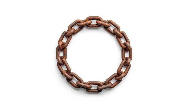Circular loop of heavy rusty metal chain isolated on a white background