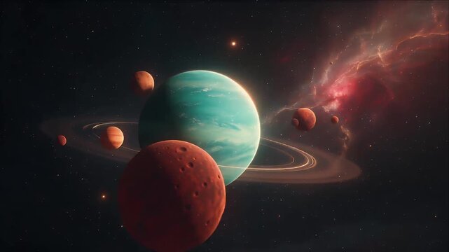 Space Cosmic Planetary System Featuring Turquoise Ringed Planet, Cratered Moon, Colorful Nebula, Orbiting Moons, Distant Stars, and Alien Deep Space Exploration Scene Filled with Wonder
