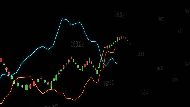 Candle stick chart and two lines graphs, moving average and market data. Banking, moving up and down, finance, equity, investment, making money, strategy, stock market trend, stock trading.