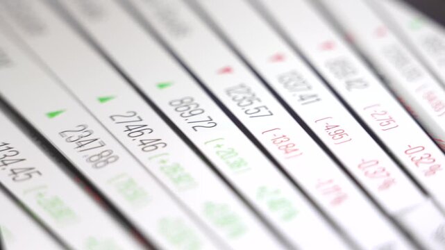 Close-up screen with stock market trading board with industrial sector data, prices. Percentage changes, analyzing, prices up and down, investment, shareholder, capital markets, finance.