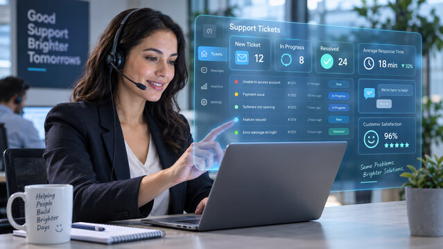 Customer service representative managing support tickets dashboard. Agent using futuristic interface for help desk tracking ticket resolution business communication digital workflow and IT support