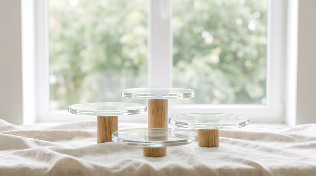 Four clear glass tier stands on oak wood pillars, product display scene on crumpled linen with bright window and blurred green foliage