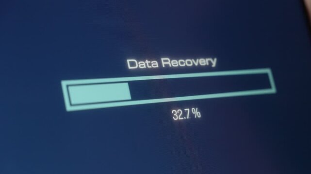 Data recovery progress bar, backup, recovery and restoration of damaged data. Storage media, digital asset management,  information technology, download, status, data storage, processing.