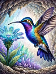 Obraz premium Hummingbird in Crystal Cave with Glowing Flower