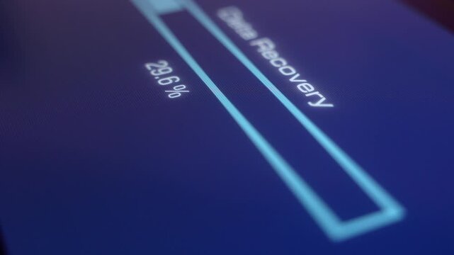 Data recovery progress bar, backup, recovery and restoration of damaged data. Storage media, digital asset management,  information technology, download, status, data storage, processing.