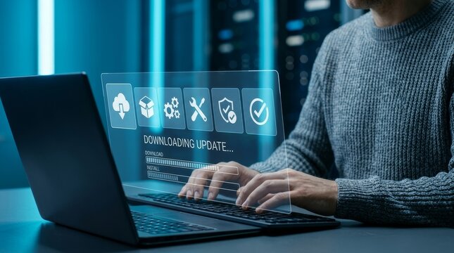 A person operating a laptop, downloading and installing software updates. Blue tech ambiance.