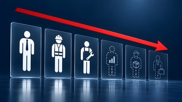 Descending red arrow crossing over various worker profession icons on glass panels representing widespread layoffs, global unemployment crisis, and economic workforce reduction.