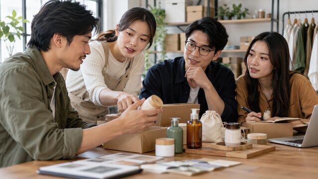 Small Asian Business Team Collaborating in a Productive Planning Meeting: A Realistic Office-Workshop Hybrid Environment Showcasing Startup Teamwork with Samples and Packaging