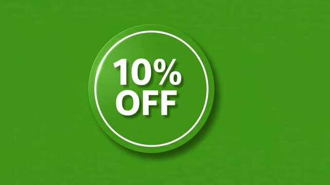 A circular green badge featuring a bold white ten percent off discount promotion sign isolated on a solid green background for retail marketing and sales