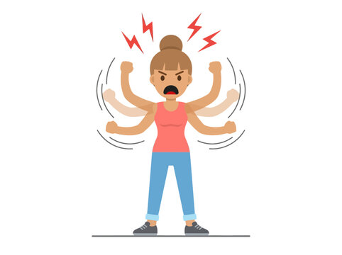 Furious Woman Illustration with Multiple Moving Arms and Red Lightning Symbols Representing Extreme Anger, Stress, and Emotional Outburst