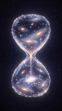 Space Hourglass with Glowing Galaxy, Cosmic Star Cluster, Celestial Dust, Dark Space, Infinite Universe, and Luminous Time Symbolism Evoking Wonder, Exploration, and Cosmic Infinity