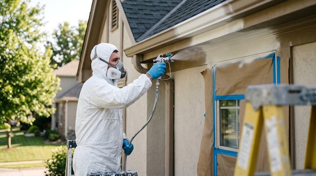 Professional painter in white hazmat suit using airless spray gun on house exterior, contractor spraying beige paint on residential siding and gutters