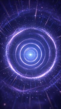 Space Luminous Purple Energy Ring Spiral Through Space, Glowing Blue Center, Radiant Light, Particle Field, Futuristic Cosmic Vortex Tunnel With Ethereal Motion, Wonder, And Atmospheric Glow