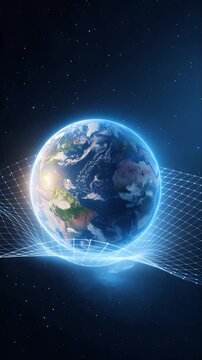 Space Global Earth Globe with Luminous Atmosphere, Digital Network Grid, Space Technology, Worldwide Communication, Planetary Connectivity, Sustainable Innovation, Environmental Awareness