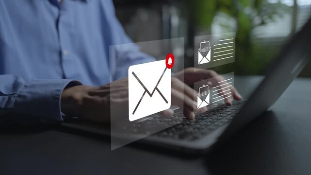 Email marketing and online communication concept. Person using laptop with envelope message, global connection network and target audience icons, digital outreach campaign.