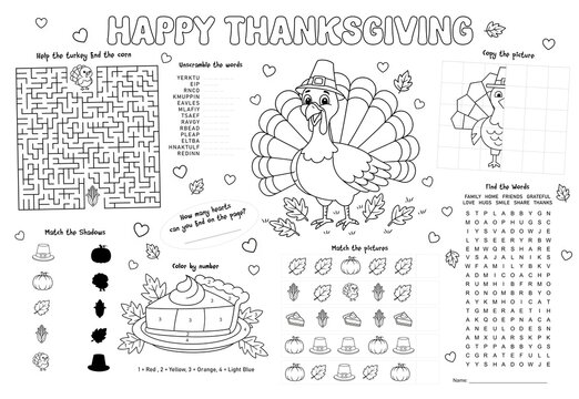 Thanksgiving Activity Sheet for Kids | Printable Coloring and Game Mat with Turkey Maze Word Search
