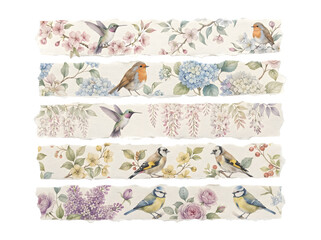 Fototapeta premium Set of watercolor washi tape strips with birds and flowers isolated on transparent background