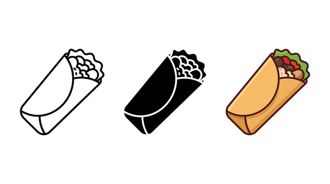 Delicious mexican burrito fast food icon set in outline glyph and color styles with tortilla delicious restaurant