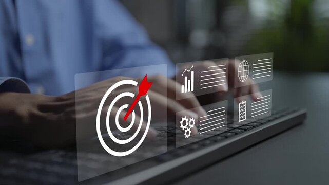 Business strategy, target and planning concept. Person typing on keyboard with target bullseye, growth roadmap and strategic gear icons, corporate goal setting and vision execution.
