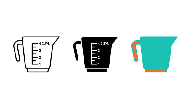 Measuring cup with cup markings in line art solid black and flat color styles measuring culinary illustration