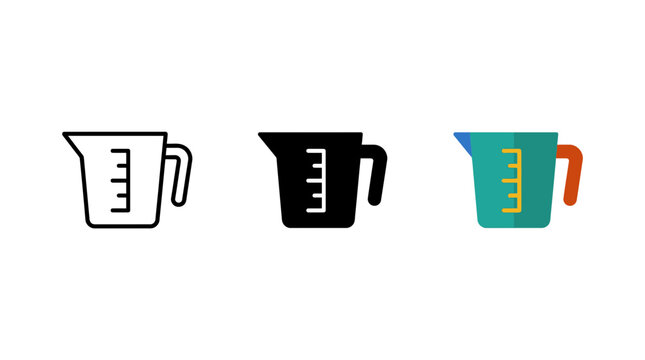 Set of measuring cup icons in line art solid black and flat color styles with measuring container illustration