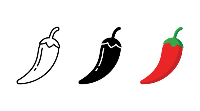 Set of three chili pepper icons in outline silhouette and flat color design styles with vegetable