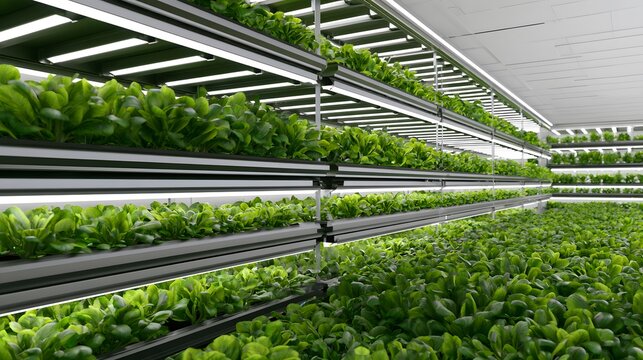 Indoor vertical farm with hydroponic green vegetables and LED lights