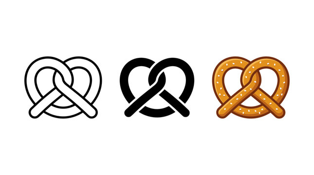 Set of pretzel pastry icons in line art solid and flat vector styles with illustration collection silhouette isolated