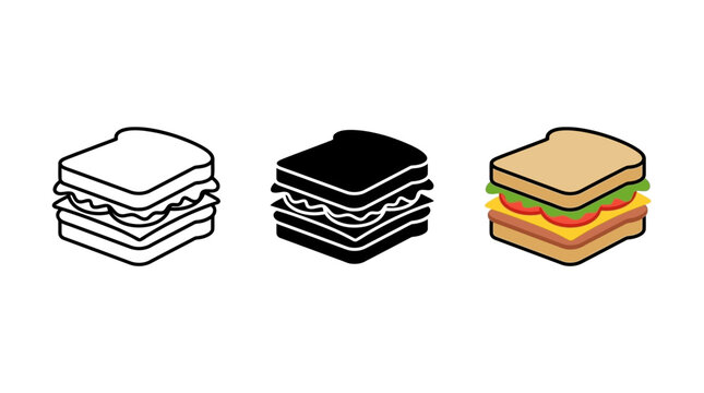Set of three sandwich icon styles including outline solid black and colorful vector design with sandwich