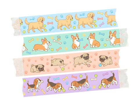 Seamless patterns of cute dogs with toys and bones on colorful backgrounds isolated on transparent background